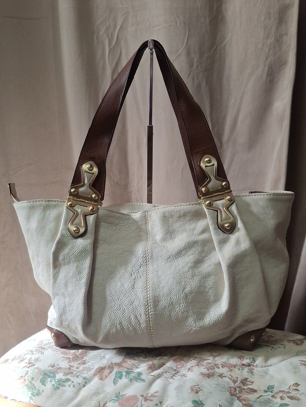 Vtg. Michael Kors Cream Leather Tote with Brown Handles